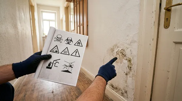 Un diagnostiqueur inspectant un mur pour l'amiante avant une location.