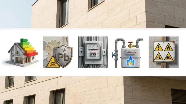 Représentation visuelle des diagnostics immobiliers DPE, plomb, gaz, électricité, amiante