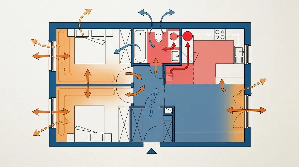 Schéma d'un plan d'appartement de moins de 40 m² illustrant les zones clés du DPE