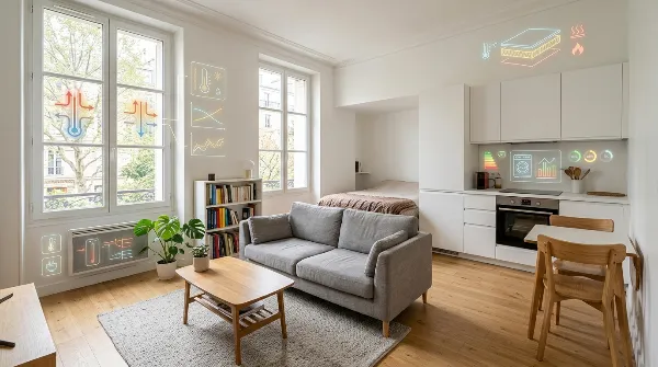 Intérieur d'un petit appartement moderne avec des symboles d'efficacité énergétique