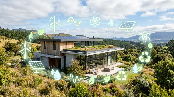 Maison avec des icônes symbolisant l'énergie et l'écologie
