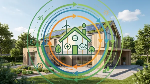Illustration d'une maison avec des icônes de performance énergétique et d'émissions de gaz à effet de serre.