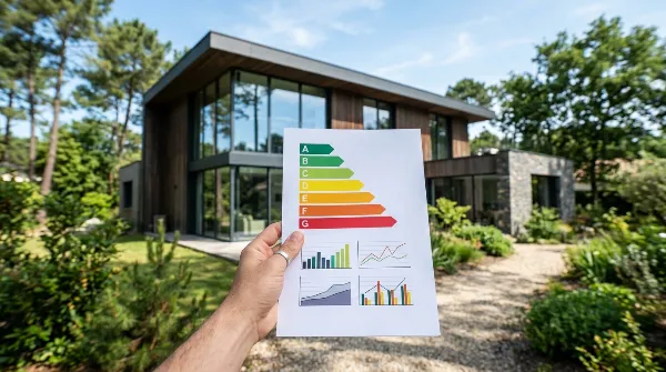 Document de Diagnostic de Performance Énergétique (DPE) avec des étiquettes de classification énergétique.