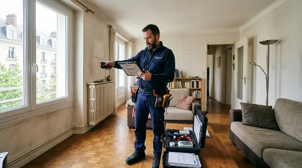 Diagnostiqueur immobilier effectuant un DPE avec des outils de mesure