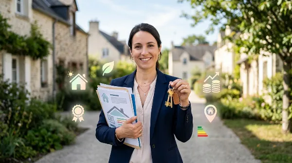 Personne tenant des documents de diagnostics immobiliers et des clés de location