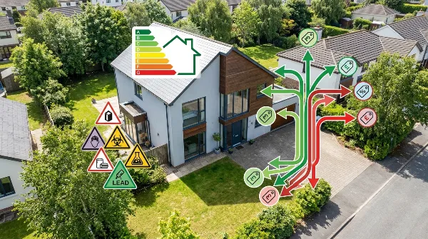 Illustrations des différents diagnostics immobiliers et facteurs de prix pour une maison.
