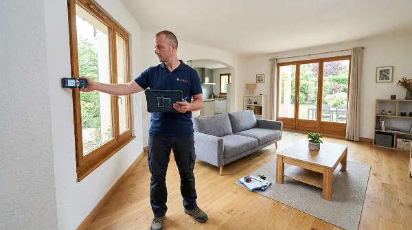 Diagnostiqueur immobilier effectuant des mesures pour un DPE dans un salon.