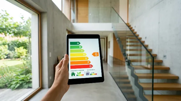 Tablette affichant un graphique de performance énergétique et des étiquettes DPE de A à G.