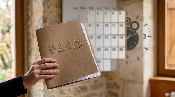 Dossier de diagnostics immobiliers avec des symboles de calendrier et d'horloge pour la location