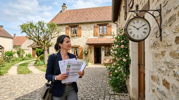 Personne tenant des diagnostics immobiliers devant une maison, avec une horloge pour le timing de la vente.
