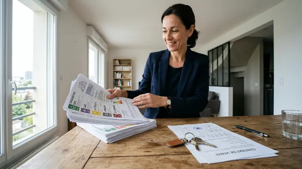 Documents de diagnostics immobiliers et clés symbolisant une transaction de vente