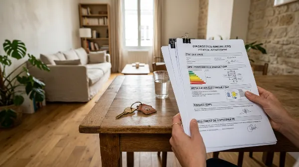 Documents de diagnostics immobiliers et clé de maison pour la location d'un bien.